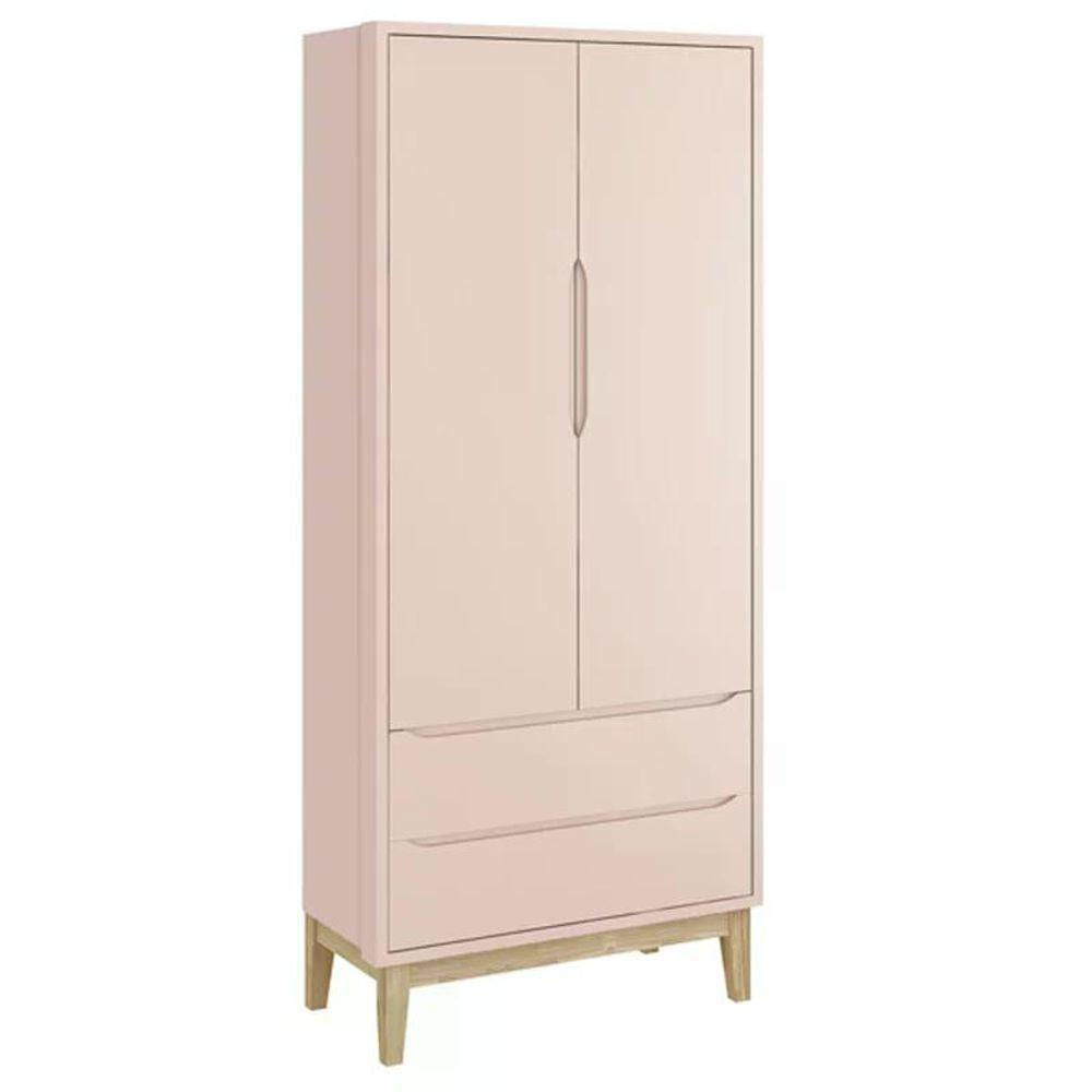 Jogo De Quarto Classic Guarda Roupa 2 Portas E Cômoda Rosa Fosco Com Pés Madeira Natural - Reller Móveis Rosa Fosco