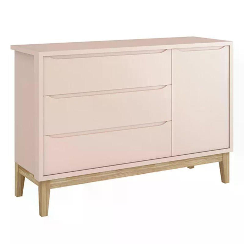 Jogo De Quarto Classic Guarda Roupa 2 Portas E Cômoda Rosa Fosco Com Pés Madeira Natural - Reller Móveis Rosa Fosco