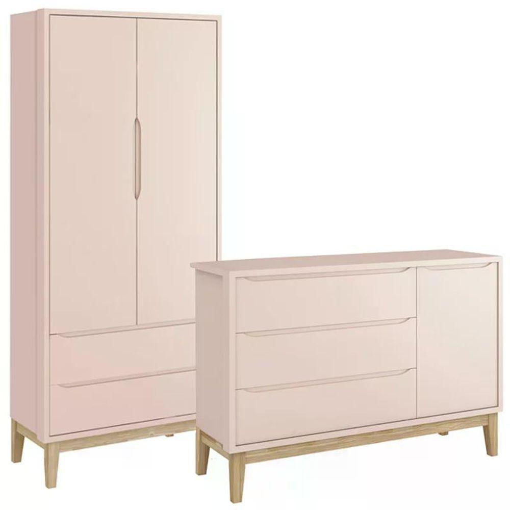 Jogo De Quarto Classic Guarda Roupa 2 Portas E Cômoda Rosa Fosco Com Pés Madeira Natural - Reller Móveis Rosa Fosco