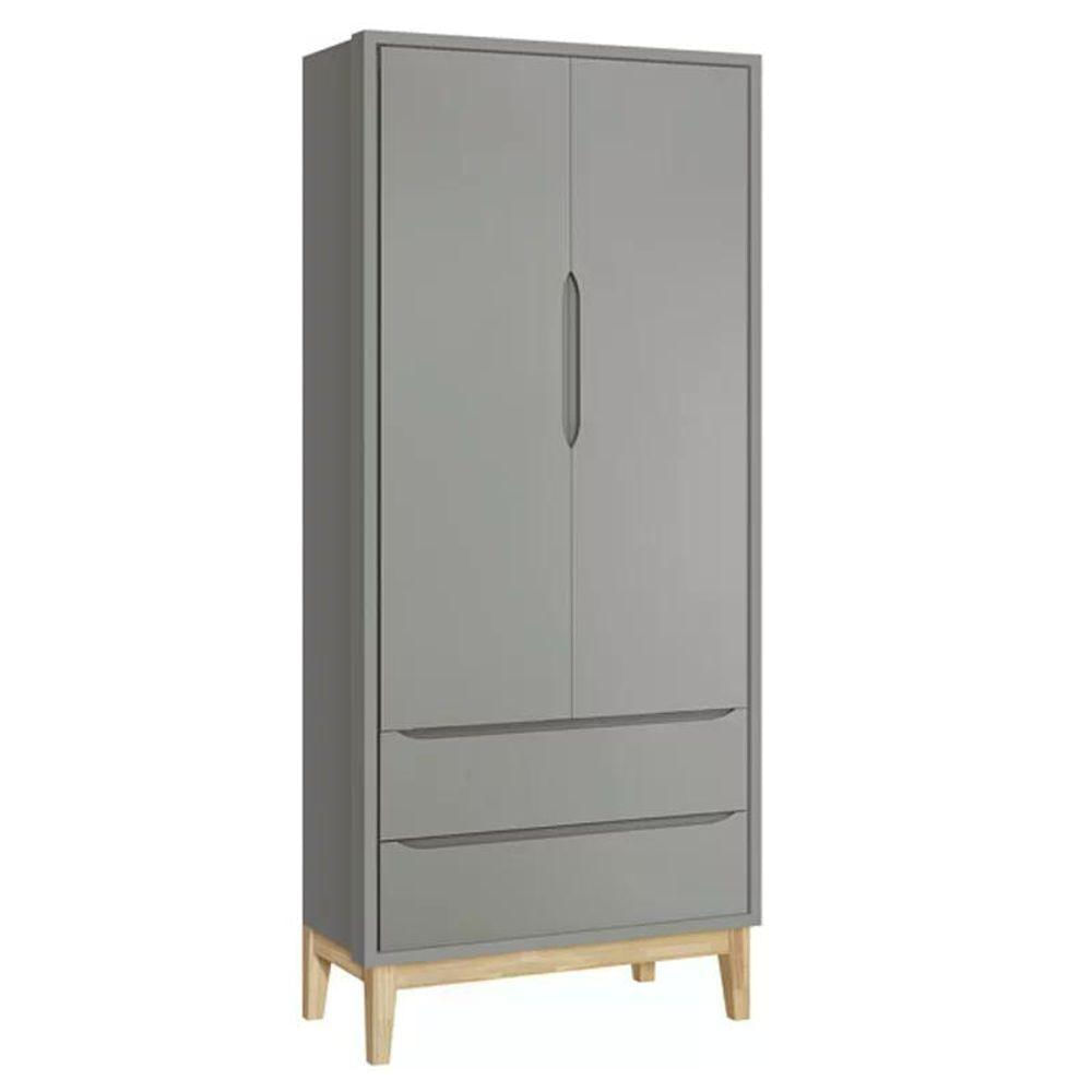 Jogo De Quarto Classic Guarda Roupa 2 Portas E Cômoda Cinza Fosco Com Pés Madeira Natural - Reller Móveis Cinza Fosco