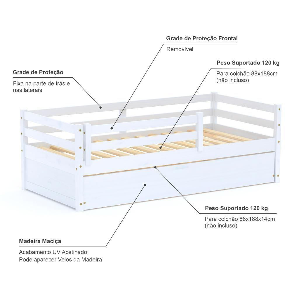 Bicama Solteiro Dreams Com Grade De Proteção Madeira Maciça Branco Megamobilia