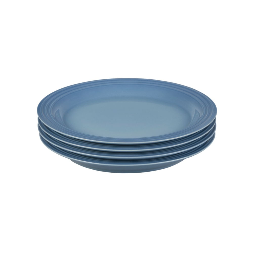 KIT LE CREUSET ASSADEIRA OVAL 36CM E 4 PRATOS RASOS 22CM EM CERÂMICA AZUL CHAMBRAY