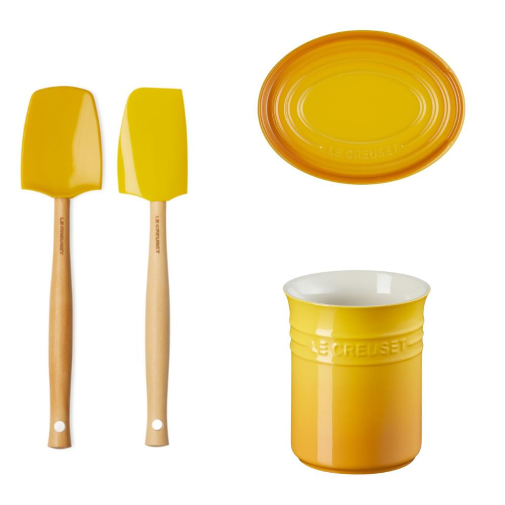 KIT LE CREUSET 4 UTENSILIOS PARA COZINHA EM CERÂMICA SILICONE E MADEIRA AMARELO NECTAR