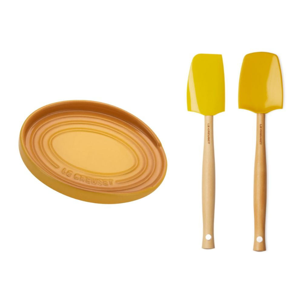 KIT LE CREUSET DESCANSO OVAL E 2 ESPÁTULAS MEDIA E MULTIUSO AMARELO NECTAR