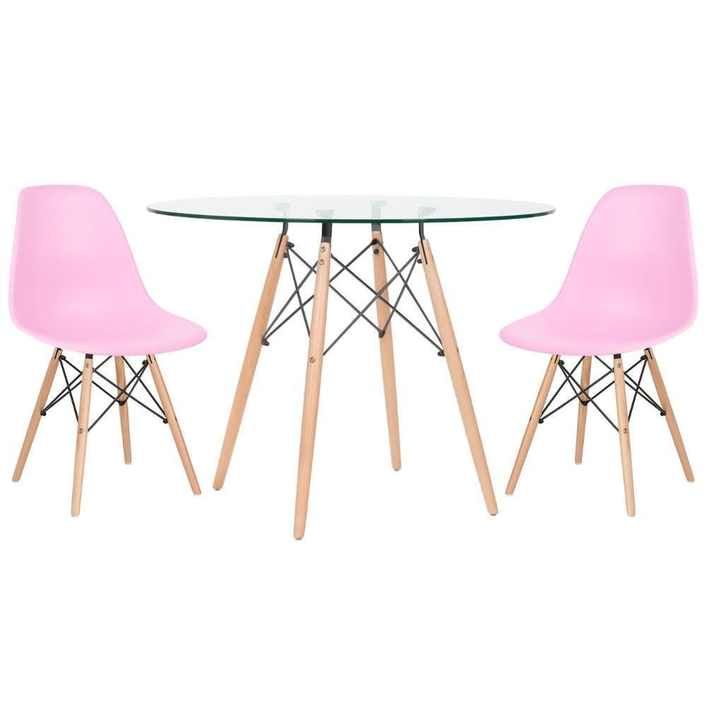 Mesa Redonda Eames 100cm + 2 Cadeiras Rosa Claro