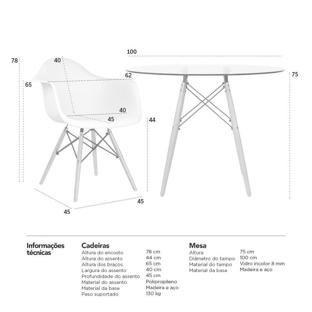 Mesa Redonda Tampo De Vidro 100 Cm + 3 Cadeiras Cinza Claro