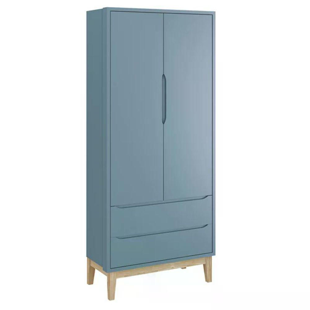 Jogo De Quarto Classic Guarda Roupa 2 Portas E Cômoda Azul Fosco Com Pés Madeira Natural - Reller Móveis Azul Fosco