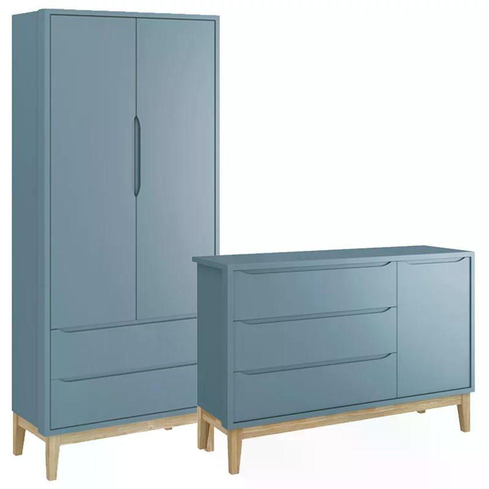 Jogo De Quarto Classic Guarda Roupa 2 Portas E Cômoda Azul Fosco Com Pés Madeira Natural - Reller Móveis Azul Fosco