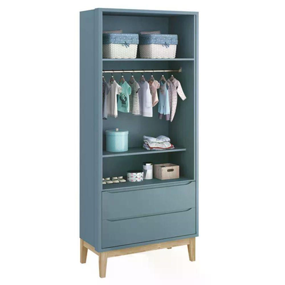 Jogo De Quarto Classic Guarda Roupa 2 Portas E Cômoda Azul Fosco Com Pés Madeira Natural - Reller Móveis Azul Fosco