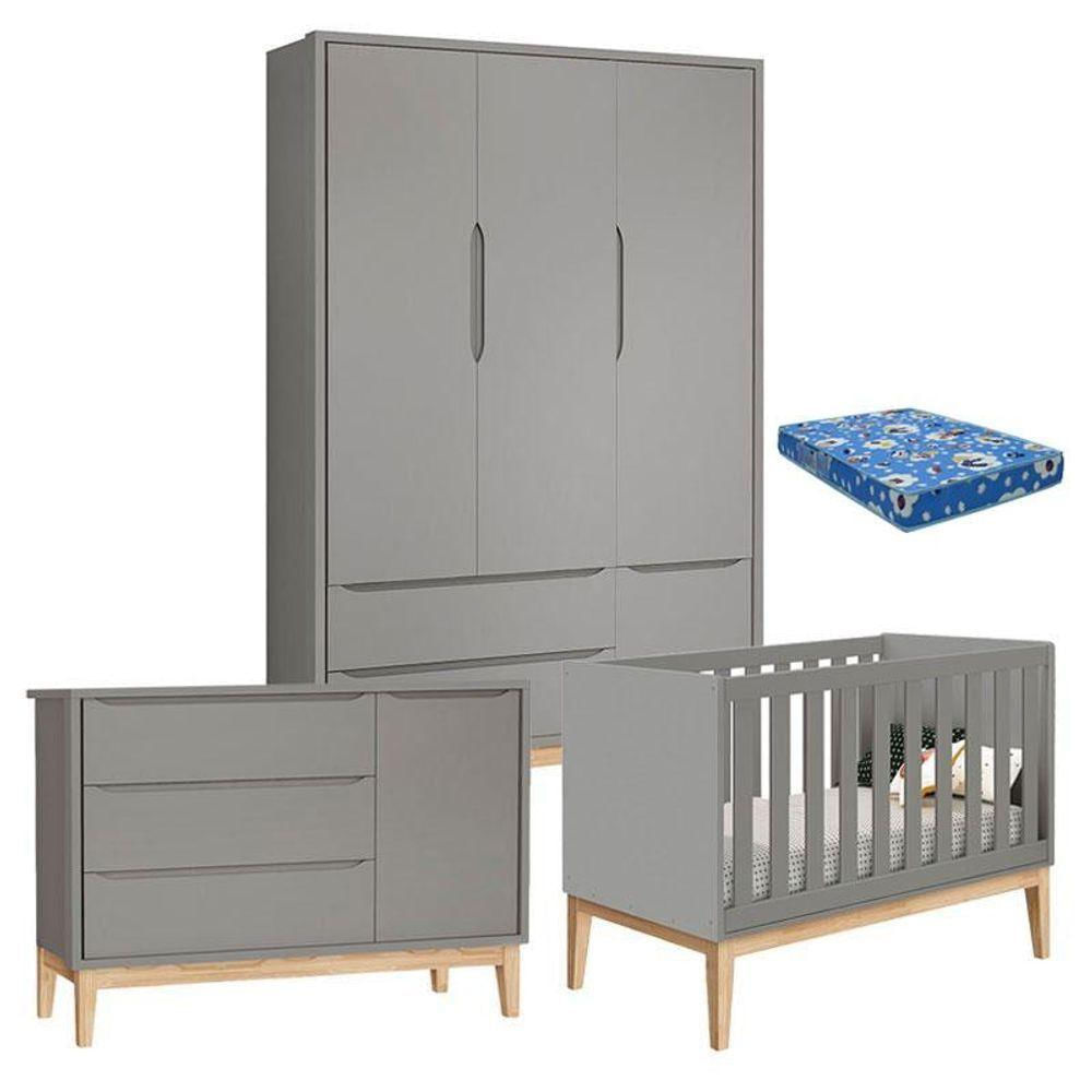 Quarto De Bebê Classic 3 Portas Com Colchão Cinza Pés Madeira Natural - Reller