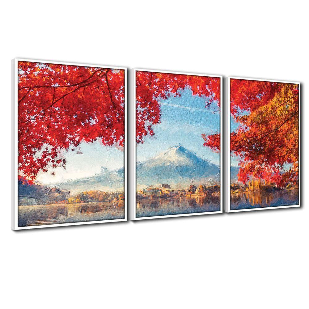 Quadros Premium Monte Fuji Outono 40x60 3un Moldura Branca