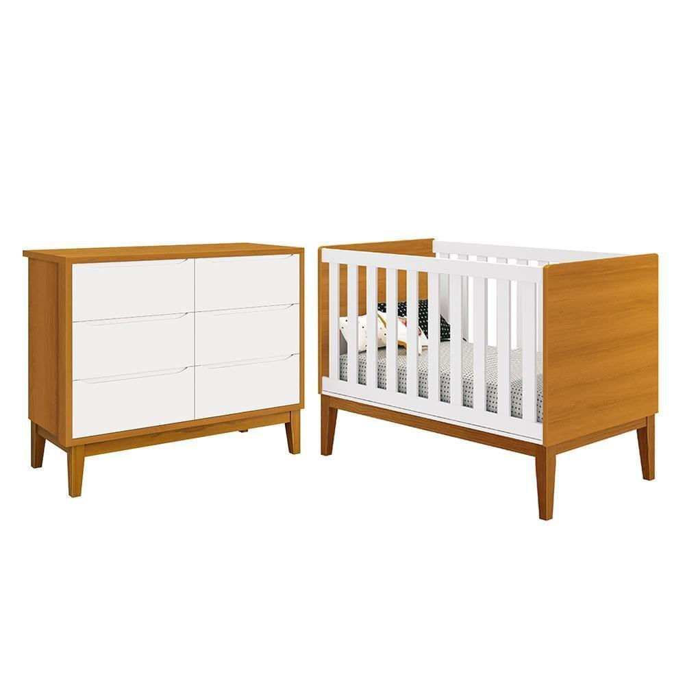 Jogo De Quarto Infantil Classic Cômoda 6 Gavetas E Berço Branco/savana Com Pés Amadeirado - Reller Móveis Branco/savana