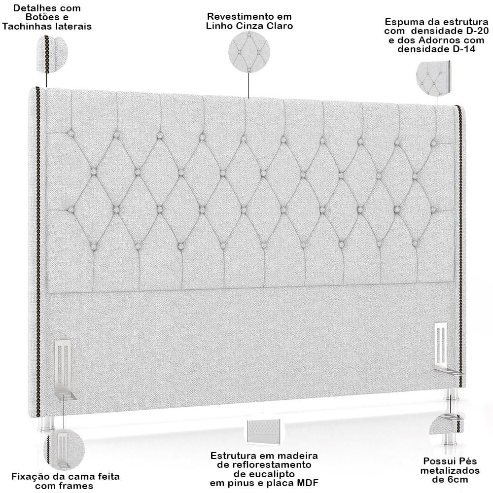 Cabeceira Cama Box Casal 140cm Estofada Frizza P05 Linho Cinza Claro - Lyam Decor