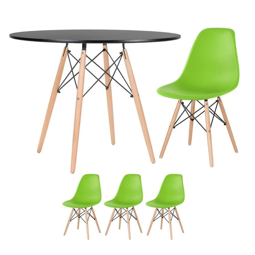 Mesa Redonda Eames 100cm Preto + 3 Cadeiras Verde Claro