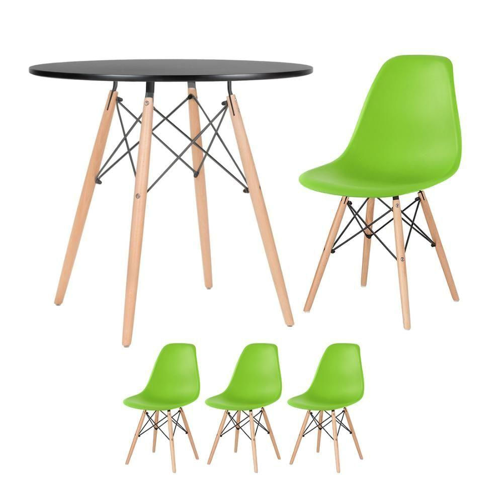 Mesa Eames 80 Cm Preto + 3 Cadeiras Eiffel Dsw Verde Claro