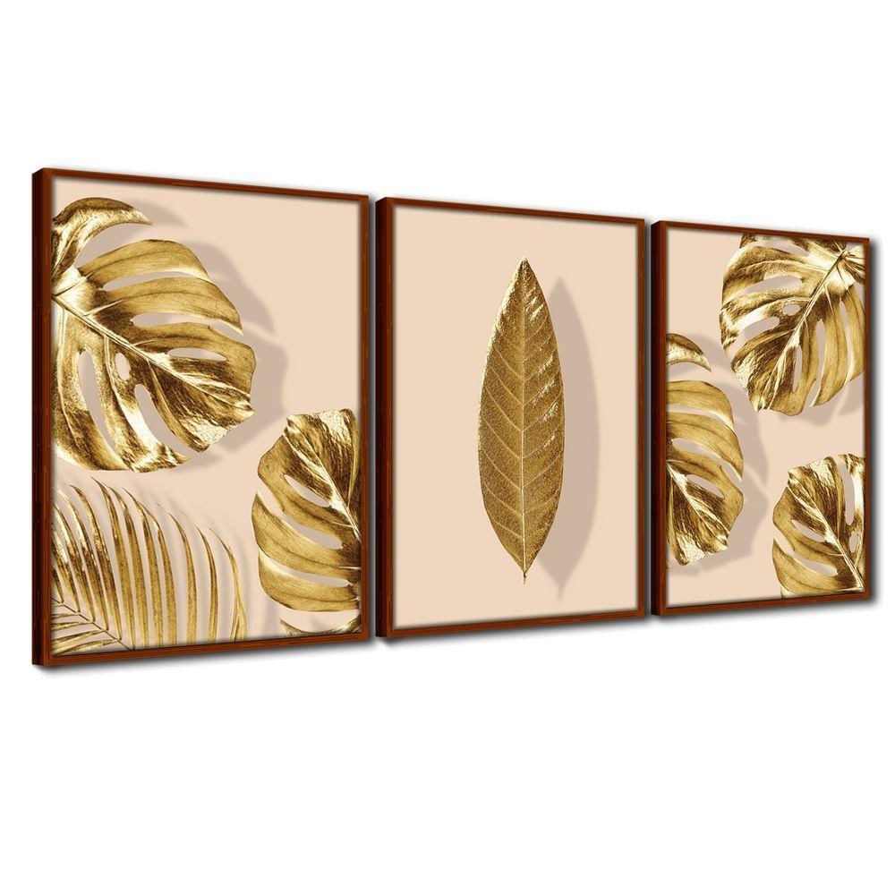 Quadro Premium Textura Cxalta Folhas Ouro Em Bege3 3Un 40X60 Titulo Moldura Ocre