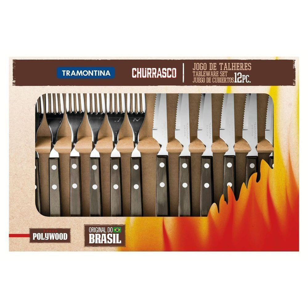 Jogo De Talheres Para Churrasco Em Aço Inox Com Cabo Castanho Polywood 12 Peças