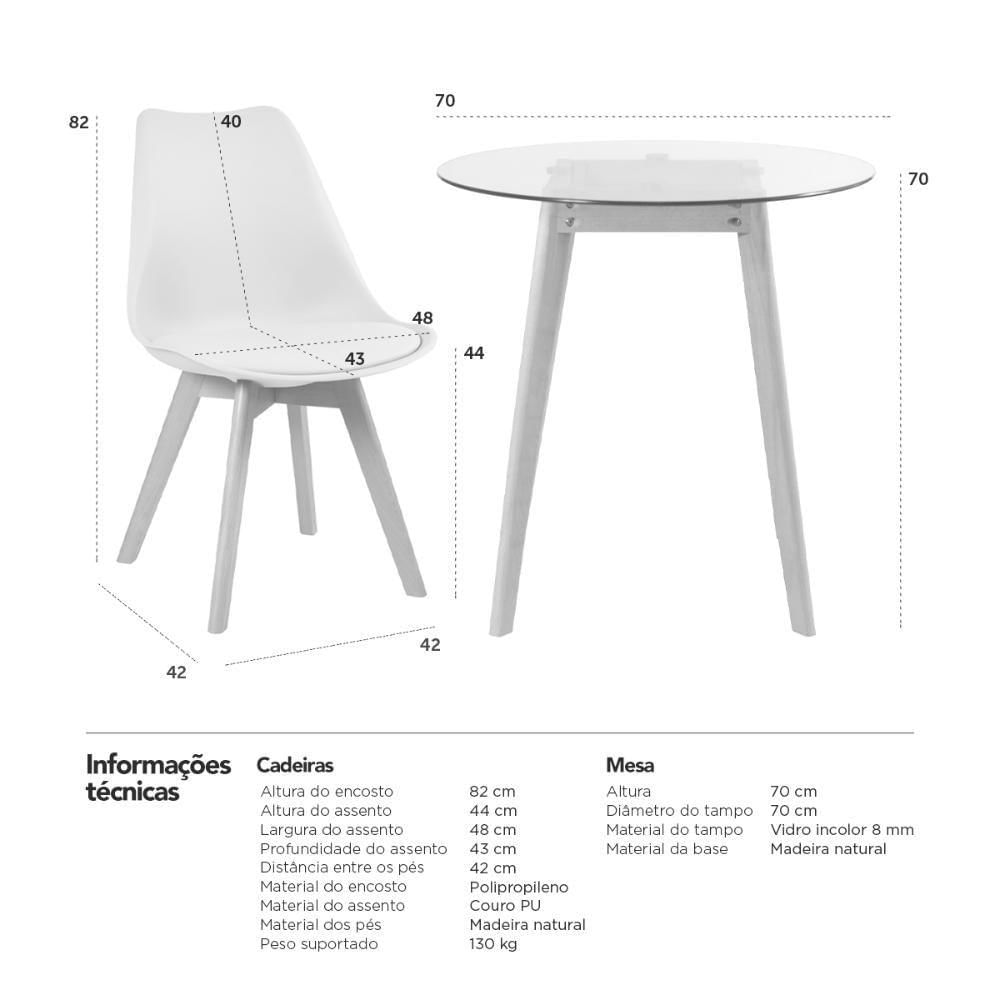 Mesa Redonda Com Tampo De Vidro 70cm + 3 Cadeiras Leda Preto