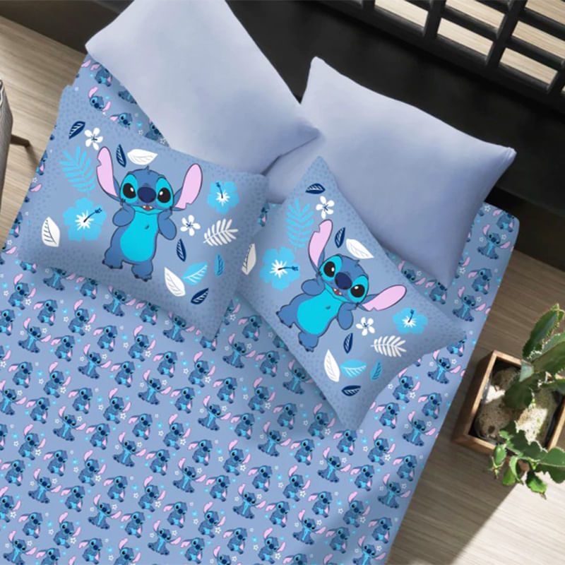 Jogo de Cama Portallar Casal Joy Malha Mista Estampado Disney Stich 3 Pçs Azul