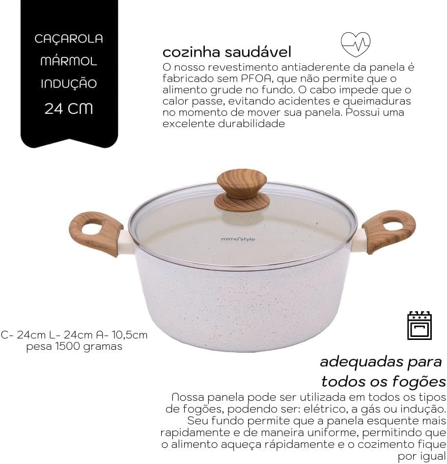 Panela Caçarola Aluminio Cerâmica Antiaderente 24cm Mimo Style Linha Mármol Cook Fundo Triplo Indução 3,8 Litros Com Tampa De Vidro