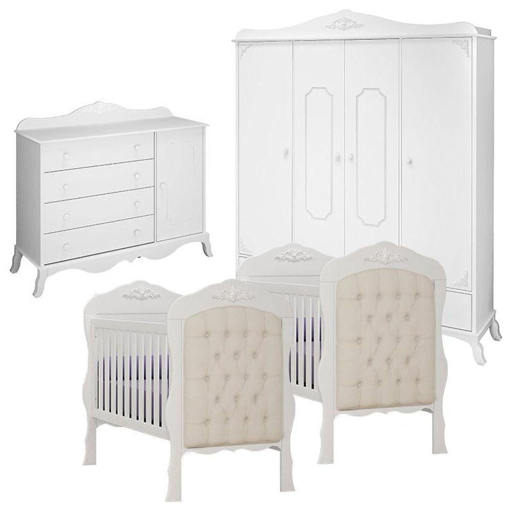 Quarto De Bebê 4 Portas Com 2 Berços E Cômoda 1 Porta Realeza Branco Acetinado Com Capitonê - Canaã