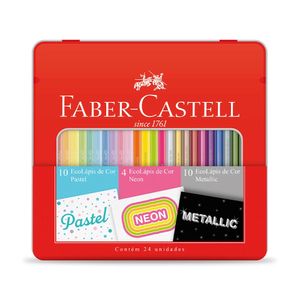 Kit Escolar Lápis de Cor Faber-Castell Estojo Lata Ecolápis 24 Cores