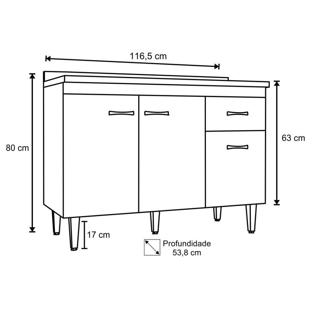 Balcão Gabinete Com Pia Inox 120cm 3 Portas e 1 Gaveta Flex Gabriela Branco/Preto - AJL Móveis