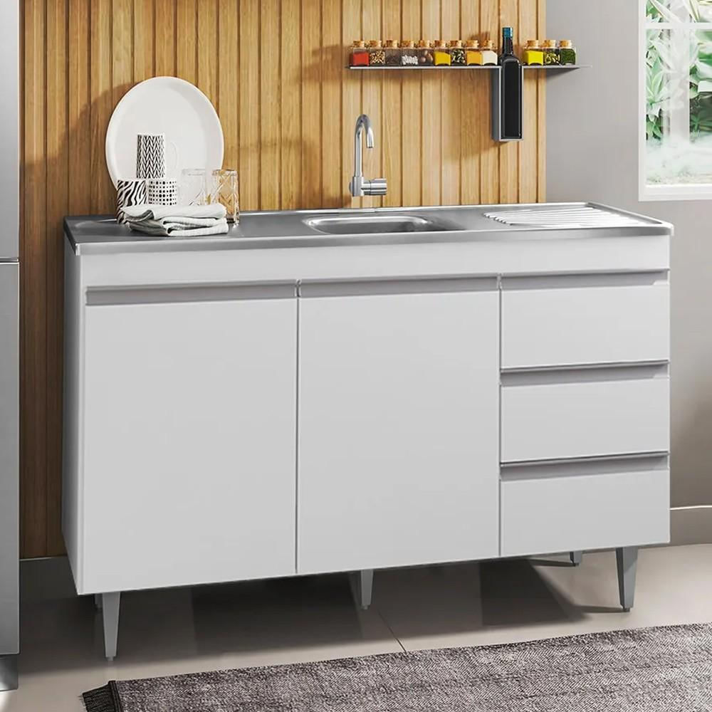 Balcão Gabinete com Pia Inox 120cm 2 Portas 3 Gavetas Andréia Branco - AJL Móveis