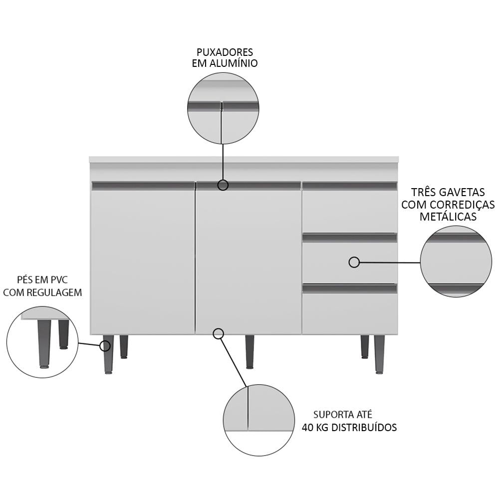 Balcão Gabinete com Pia Inox 120cm 2 Portas 3 Gavetas Andréia Branco - AJL Móveis