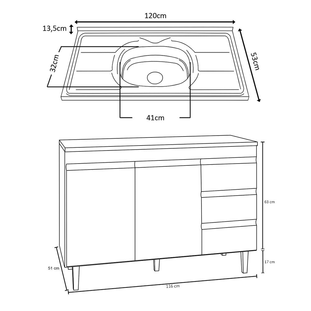 Balcão Gabinete com Pia Inox 120cm 2 Portas 3 Gavetas Andréia Branco - AJL Móveis