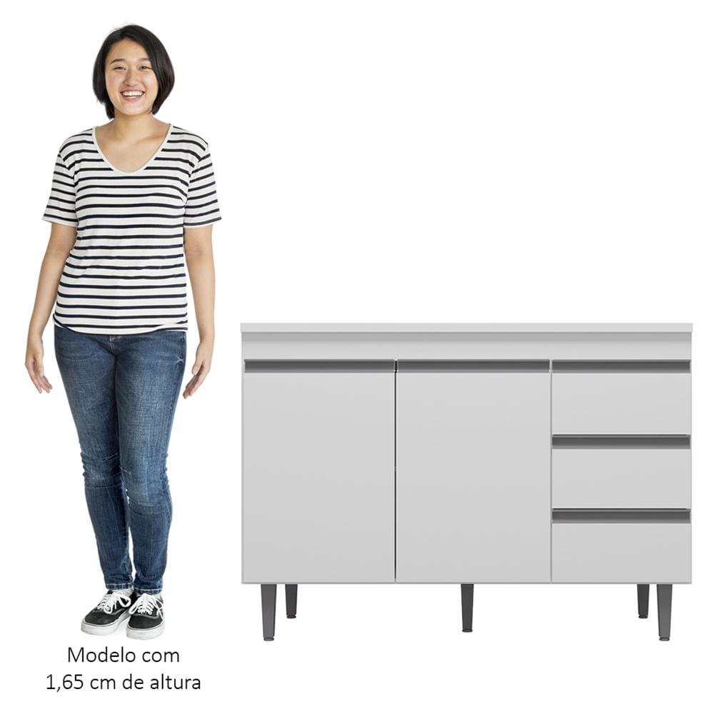 Balcão Gabinete com Pia Inox 120cm 2 Portas 3 Gavetas Andréia Branco - AJL Móveis