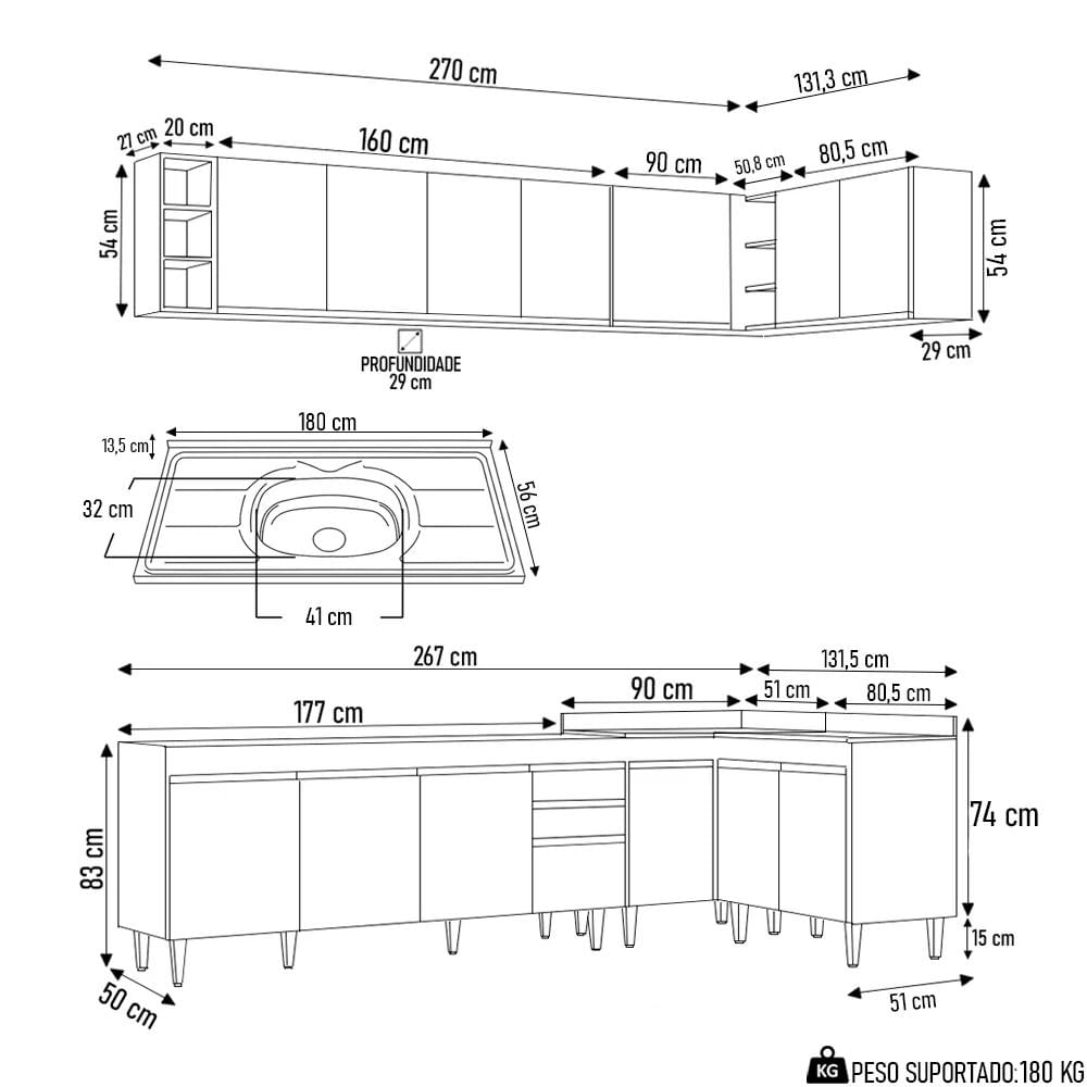 Armário de Cozinha Modulado de Canto 6 Peças CP29 Balcão com Tampo Branco - Lumil