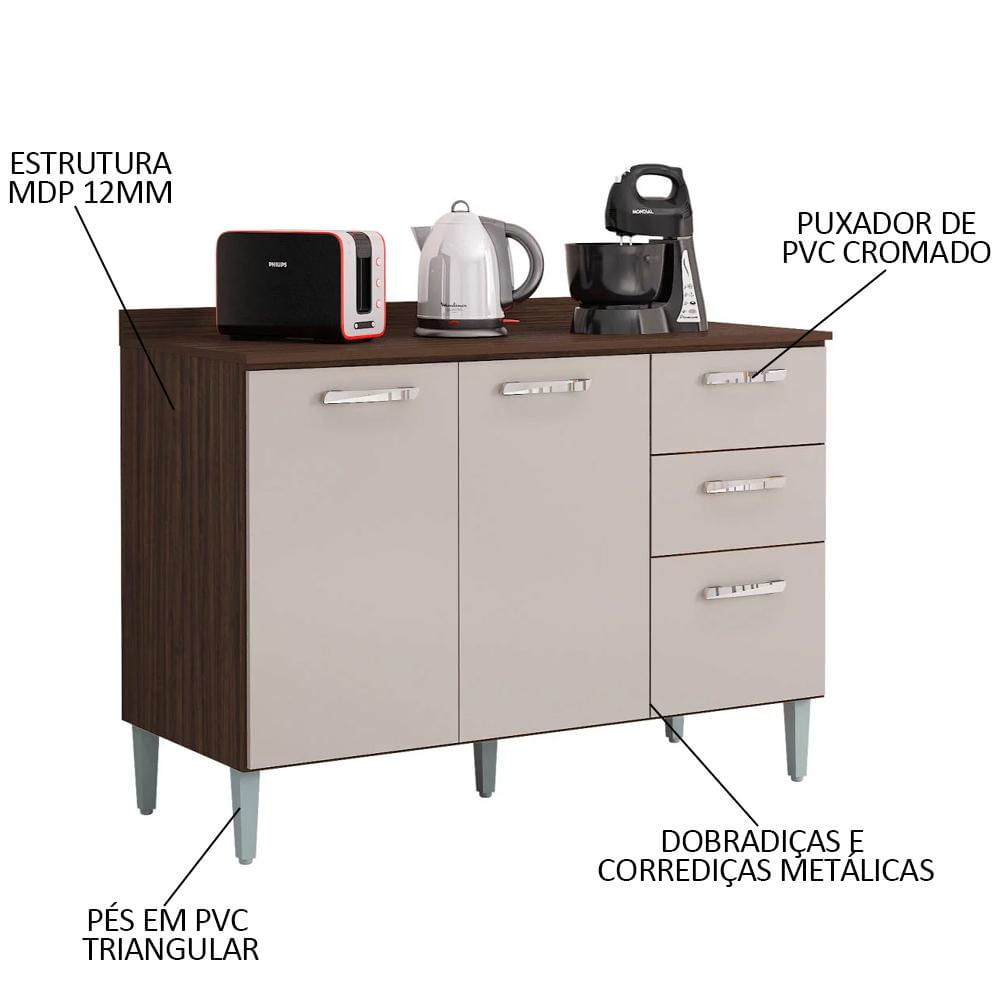 Balcão de Cozinha com Tampo 120cm 3 Portas 2 Gavetas Livy P11 Chocolate/Off White - Mpozenato