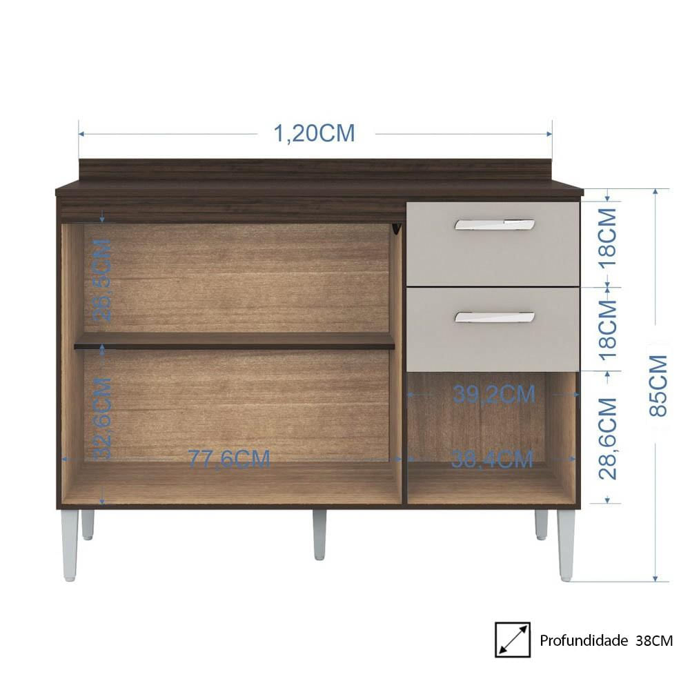 Balcão de Cozinha com Tampo 120cm 3 Portas 2 Gavetas Livy P11 Chocolate/Off White - Mpozenato