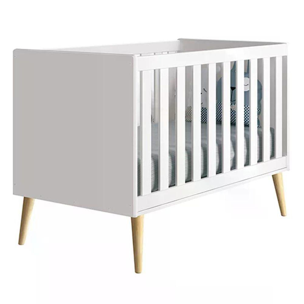 Berço Mini Cama Theo Branco Fosco Com Pés Madeira Natural - Reller Móveis Branco Fosco