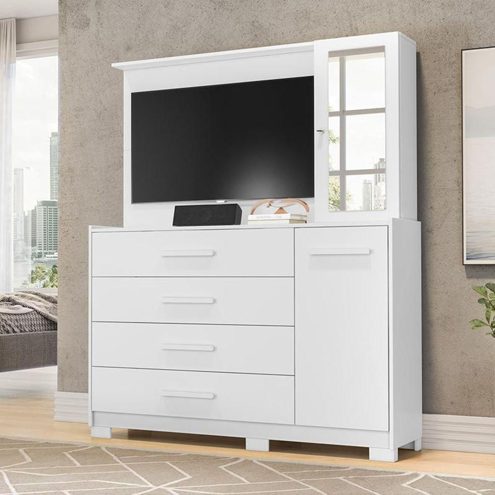 Cômoda Quarto Com Painel Para Tv Ilhabela 4 Gavetas 2 Portas Branco Fosco Branco Fosco