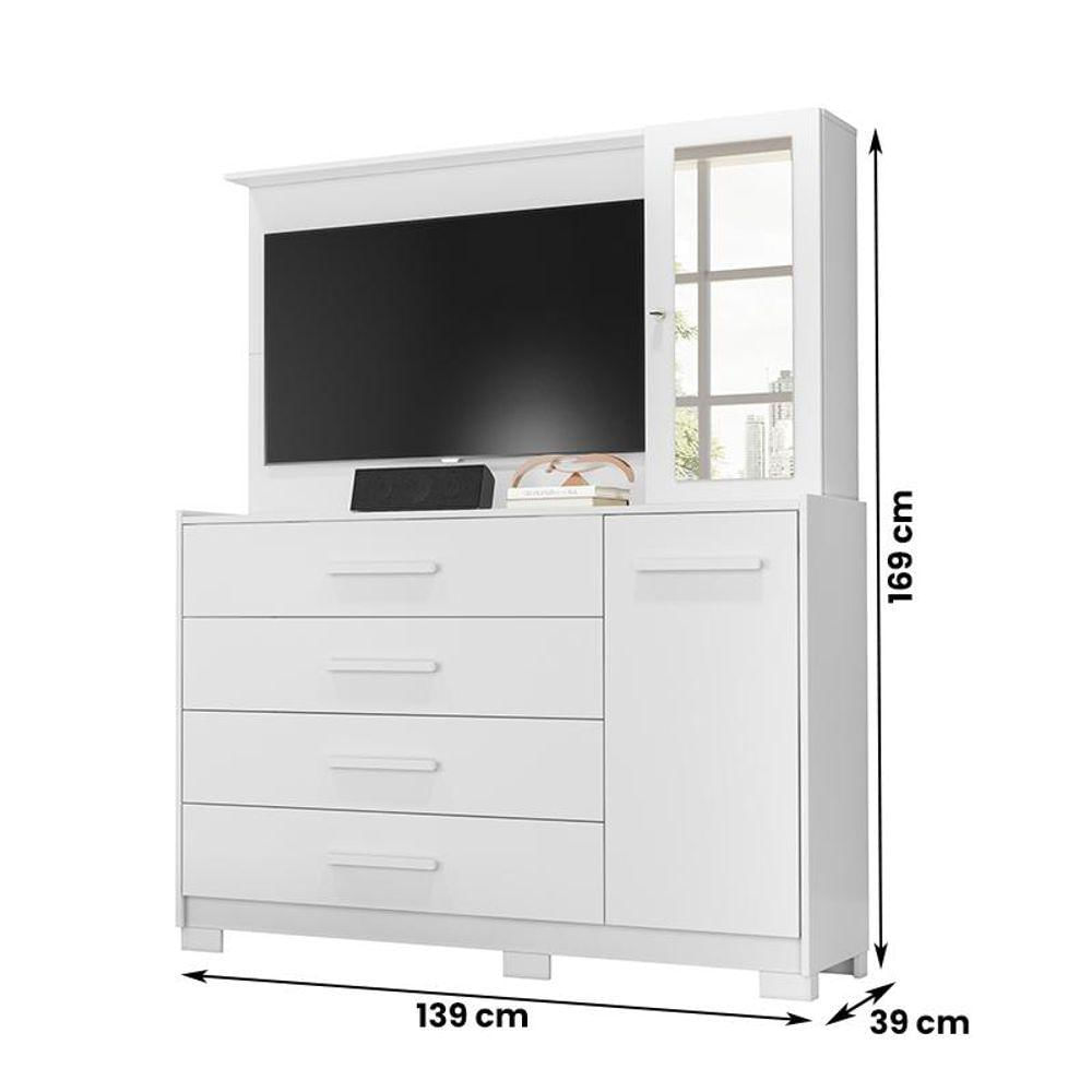 Cômoda Quarto Com Painel Para Tv Ilhabela 4 Gavetas 2 Portas Branco Fosco Branco Fosco