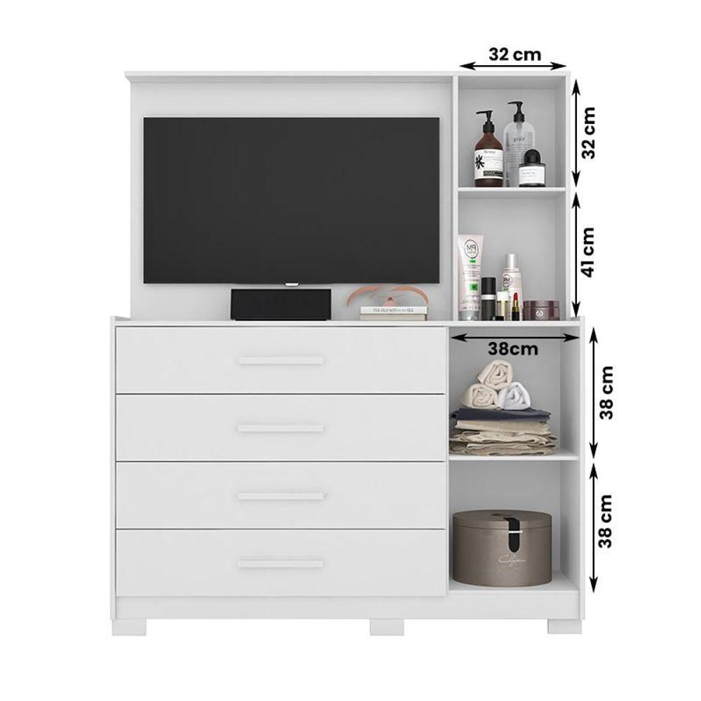 Cômoda Quarto Com Painel Para Tv Ilhabela 4 Gavetas 2 Portas Branco Fosco Branco Fosco