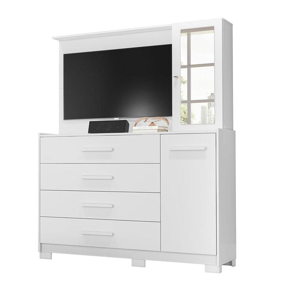 Cômoda Quarto Com Painel Para Tv Ilhabela 4 Gavetas 2 Portas Branco Fosco Branco Fosco