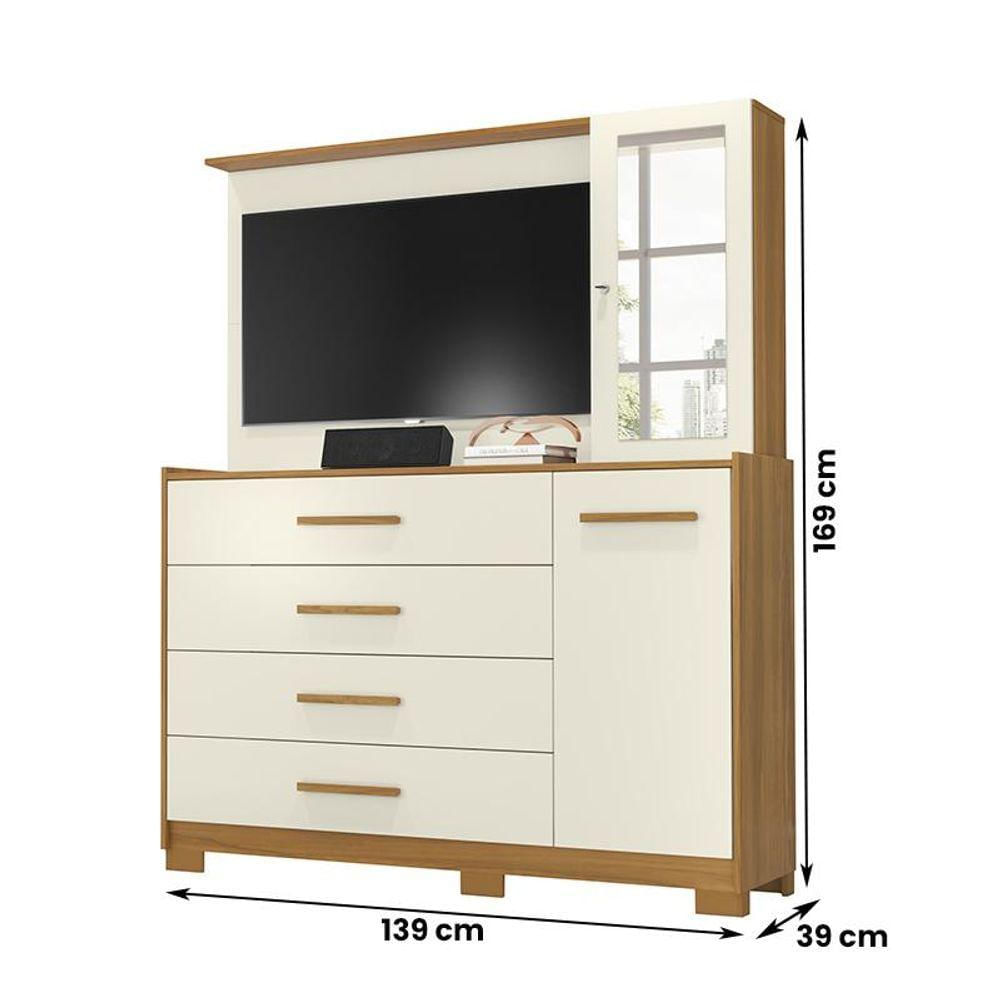 Cômoda Quarto Com Painel Para Tv Ilhabela 4 Gavetas 2 Portas Carvalho off White Carvalho off White