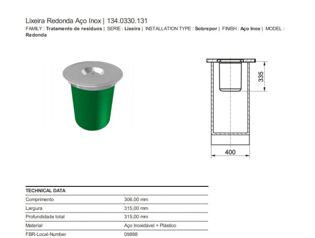 LIXEIRA FRANKE DE SOBREPOR REDONDA 12 L (09888)