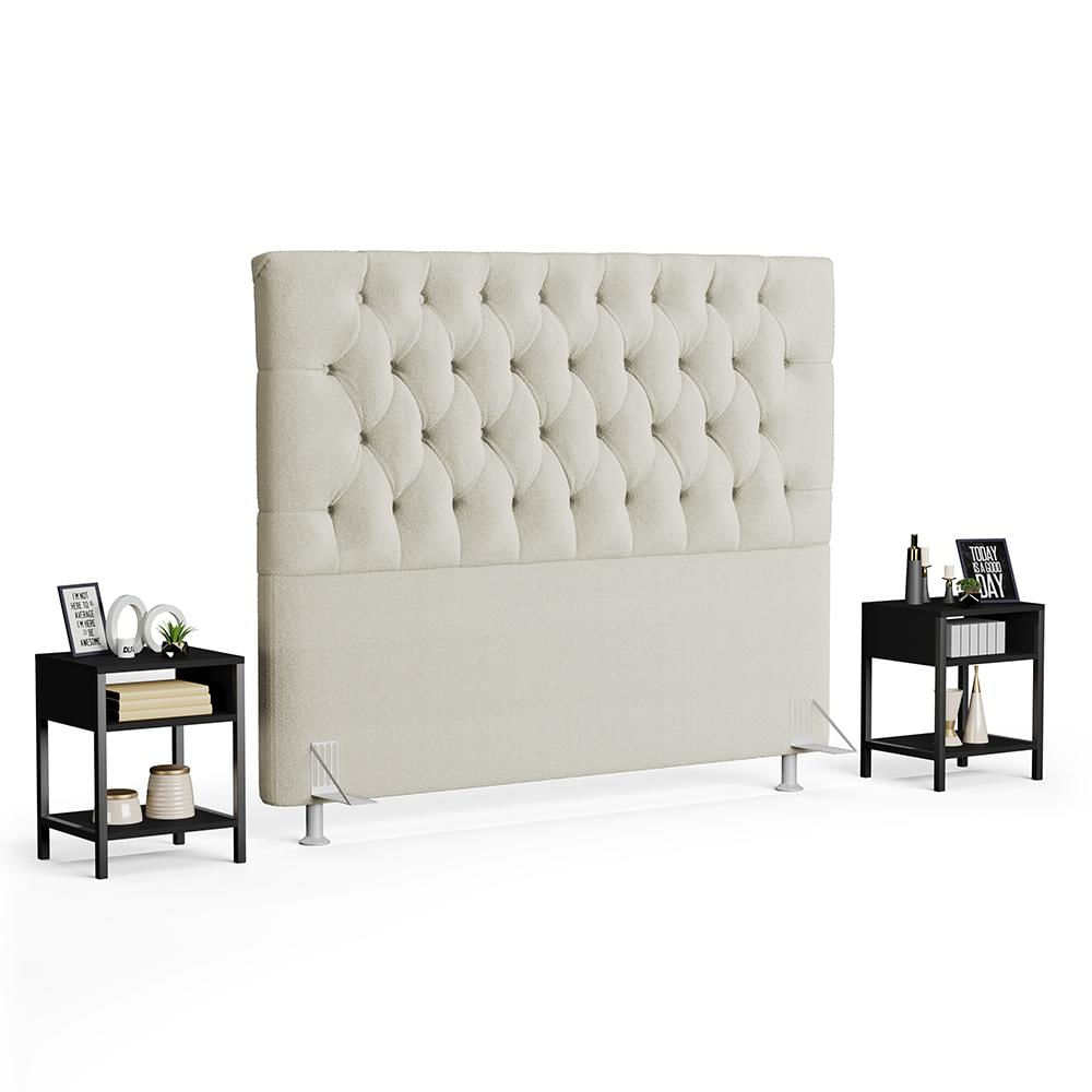 Cabeceira Casal King 195cm Cristal Bouclê Bege e 2 Mesas Laterais Plaza LC1 Preto - Mpozenato
