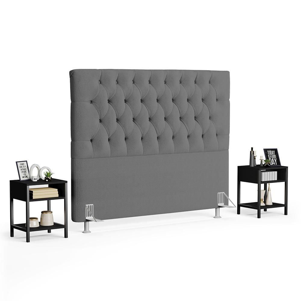 Cabeceira Casal King 195cm Cristal Bouclê Cinza e 2 Mesas Laterais Plaza LC1 Preto - Mpozenato
