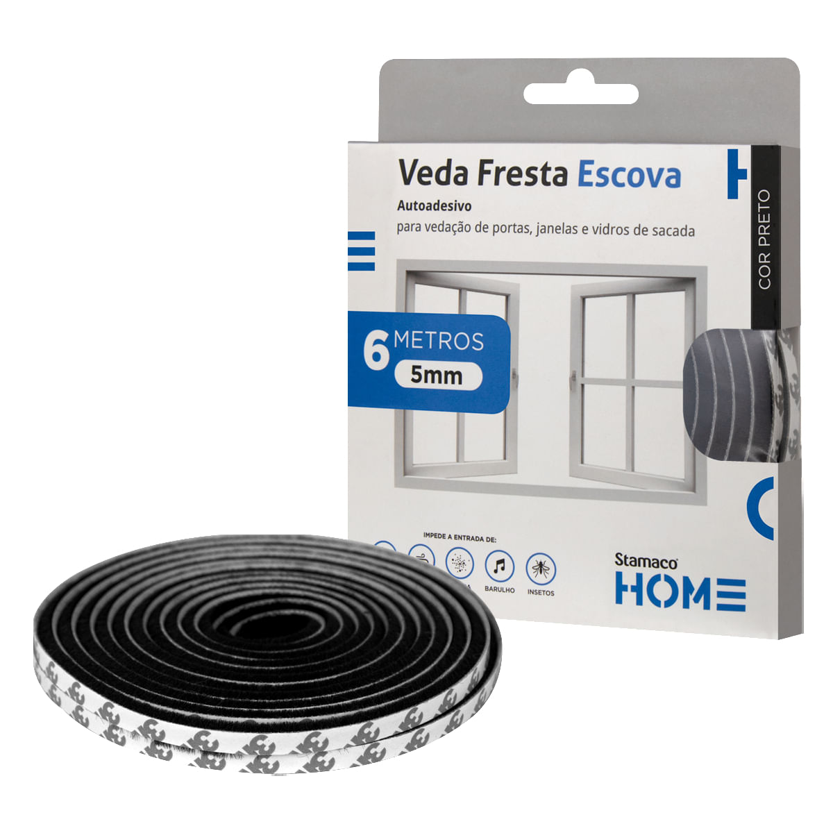 Veda Fresta Escova Preto 5mm Stamaco Home Fita Vedação 6 Metros Protetor Janela Porta Autoadesivo 3M