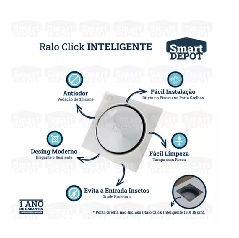 Ralo Click Inteligente Inox Quadrado 15cm Cromado Para Banheiro Cozinha Lavanderia Smart Depot Ralo Protetor Contra Inseto Anti Odor