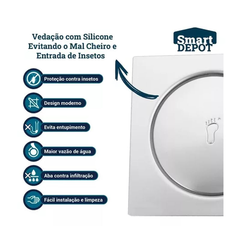 Ralo Click Inteligente Inox Quadrado 15cm Cromado Para Banheiro Cozinha Lavanderia Smart Depot Ralo Protetor Contra Inseto Anti Odor