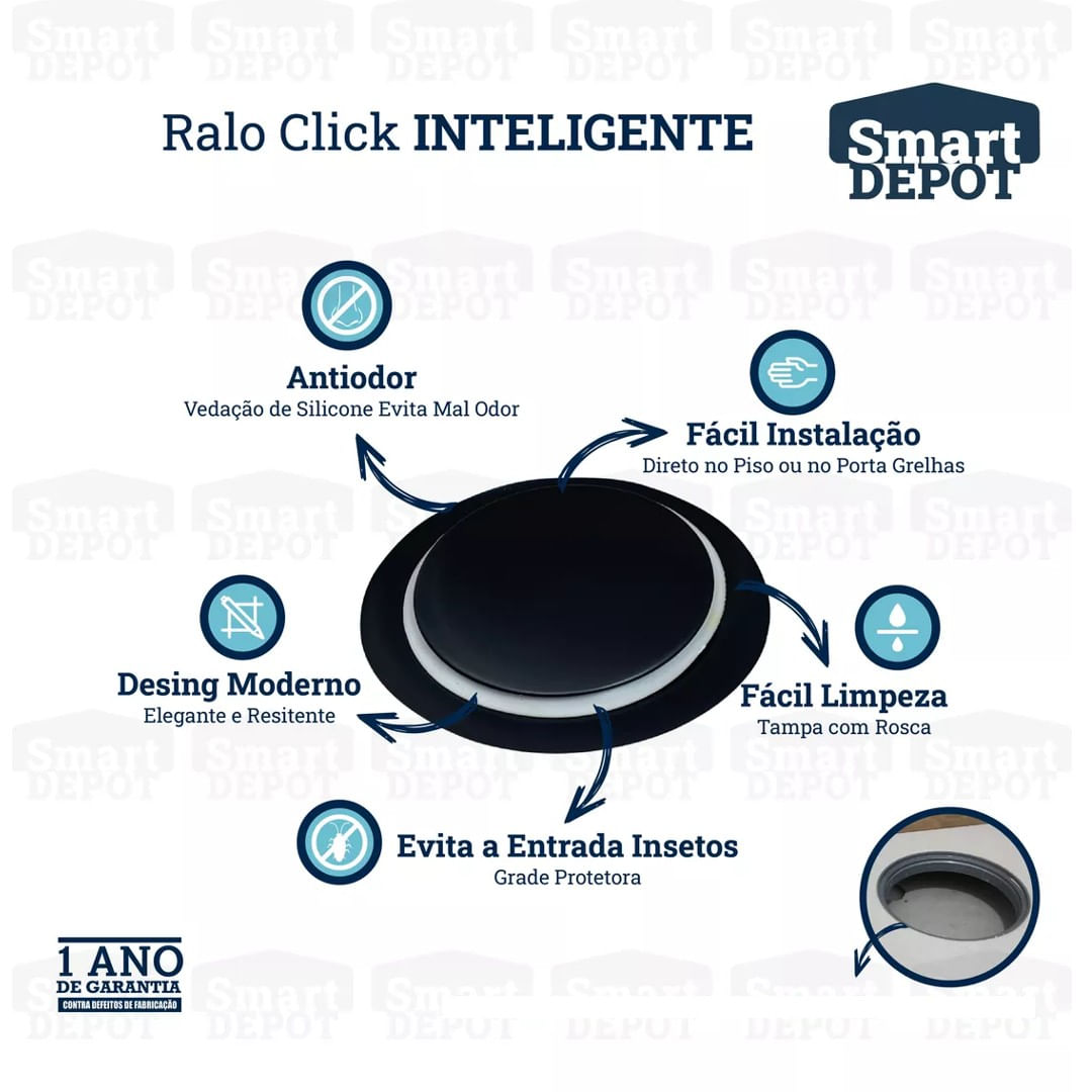 Ralo Click Inteligente Inox Redondo 15cm Preto Fosco Para Banheiro Cozinha Lavanderia Smart Depot Ralo Protetor Contra Inseto Anti Odor