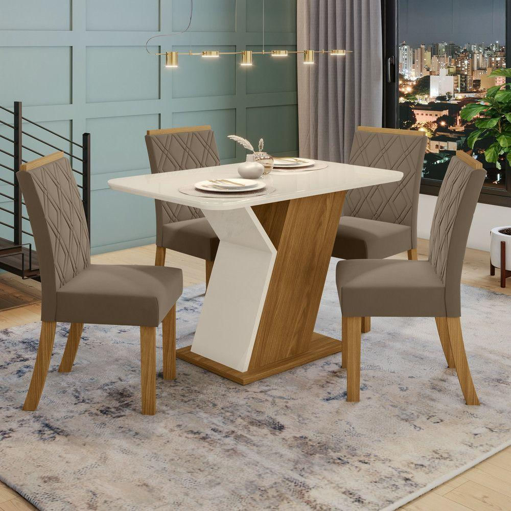 Conjunto Sala De Jantar Tampo Mdf Com Vidro 120cm 4 Cadeiras