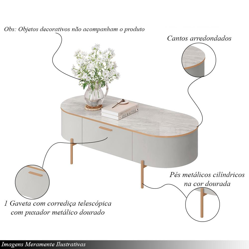 Mesa de Centro Decorativa Bento 1 Gaveta Pés Metálicos Dourados Fendi/Quartzo G18 - Gran Belo