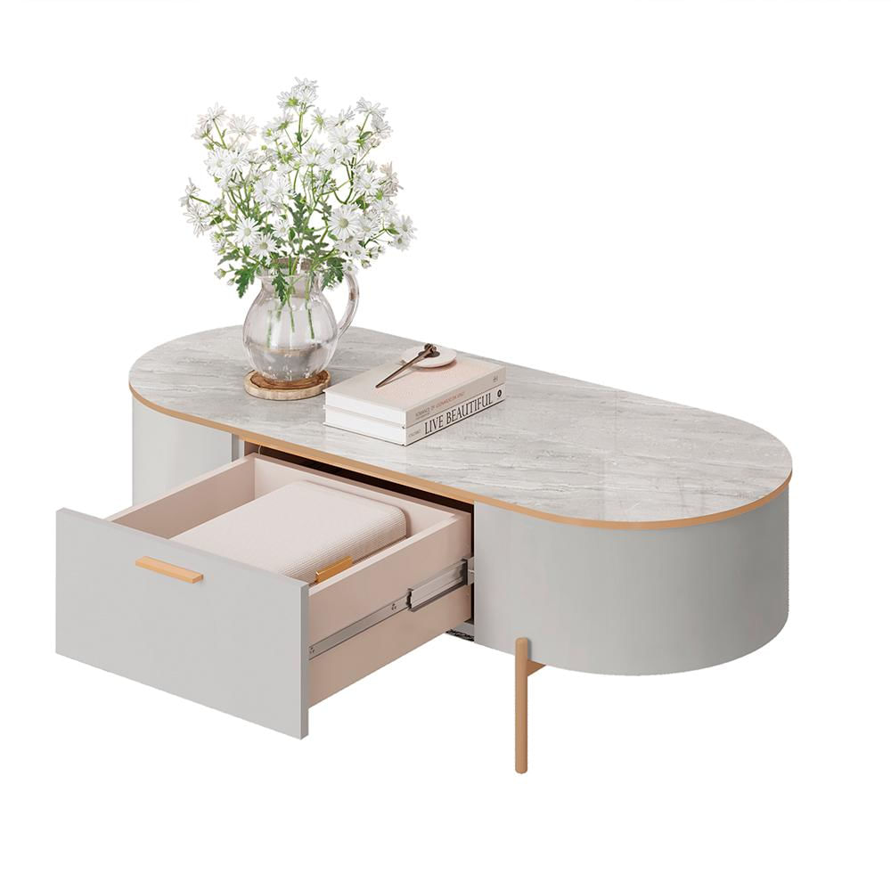 Mesa de Centro Decorativa Bento 1 Gaveta Pés Metálicos Dourados Fendi/Quartzo G18 - Gran Belo